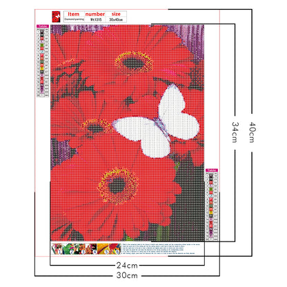 Red Flower White Butterfly - Full Round Drill Diamond Painting 30*40CM