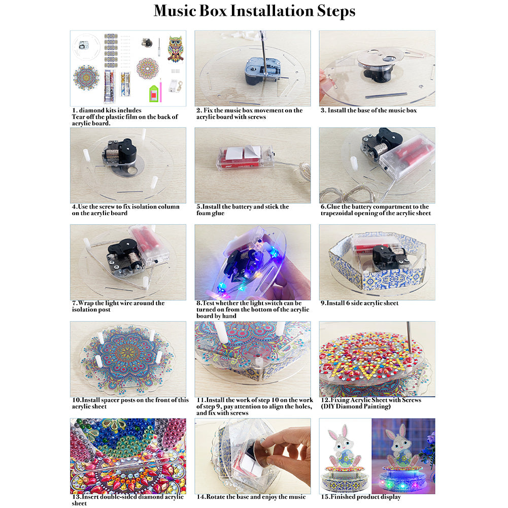 18 Tones Mechanical DIY Diamond Painting Art Sounding Music Box LED Kits