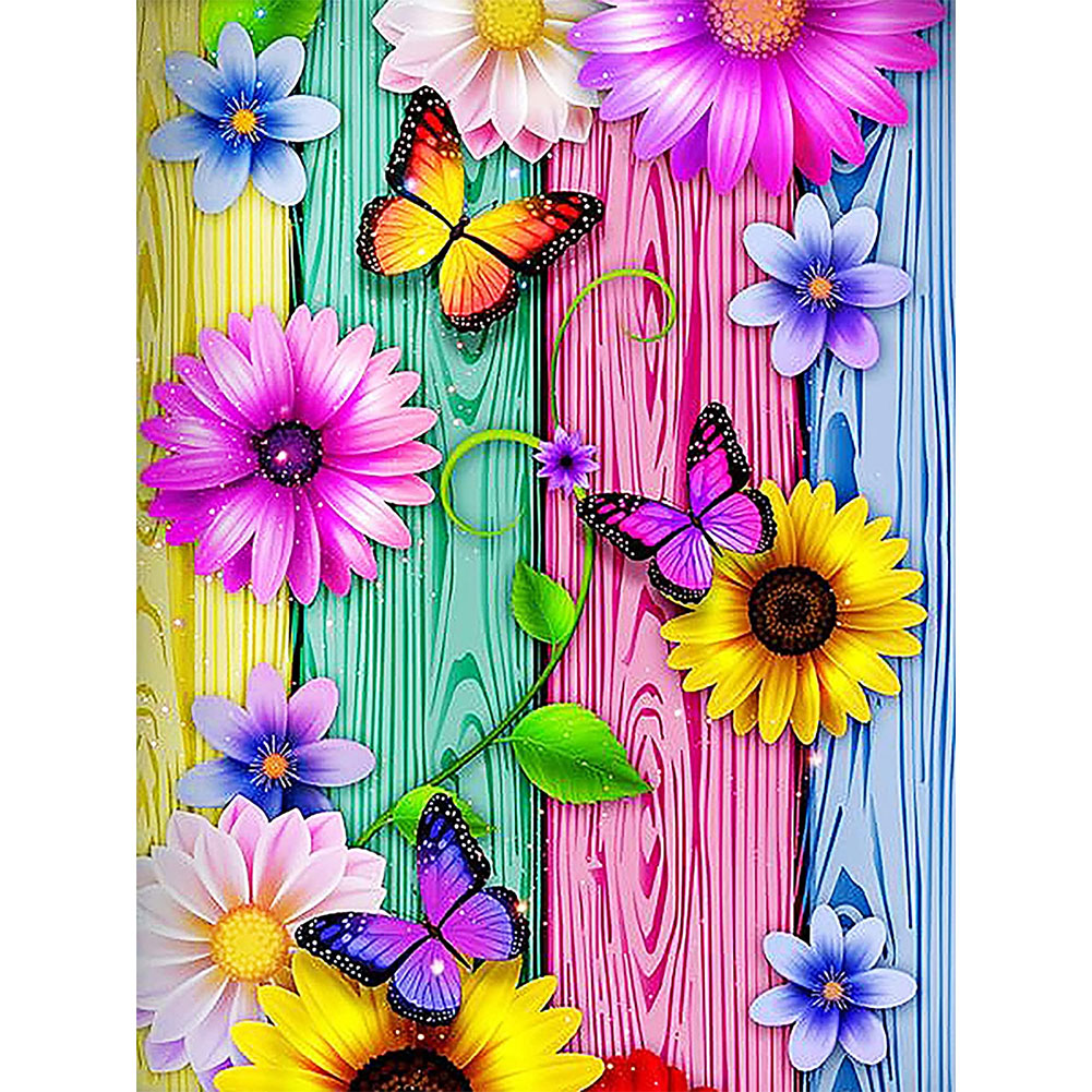 Flower Butterfly On Wood Grain Board - 11CT Stamped Cross Stitch 40*50CM
