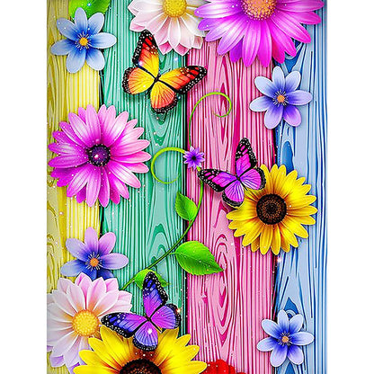 Flower Butterfly On Wood Grain Board - 11CT Stamped Cross Stitch 40*50CM