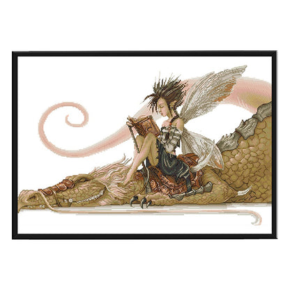 Girl Riding A Dragon Reading A Book - 14CT Counted Cross Stitch 53*36CM