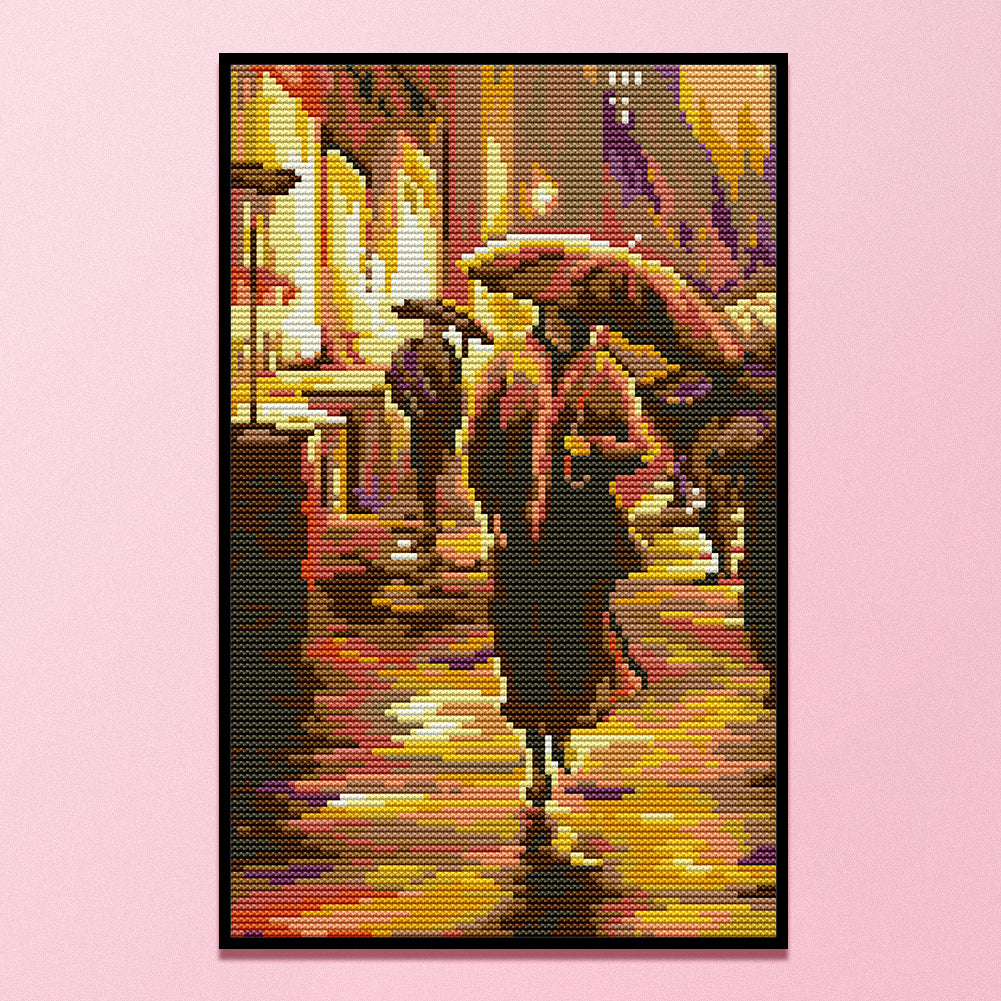 Walking In The Rain - 14CT Stamped Cross Stitch 20*32CM