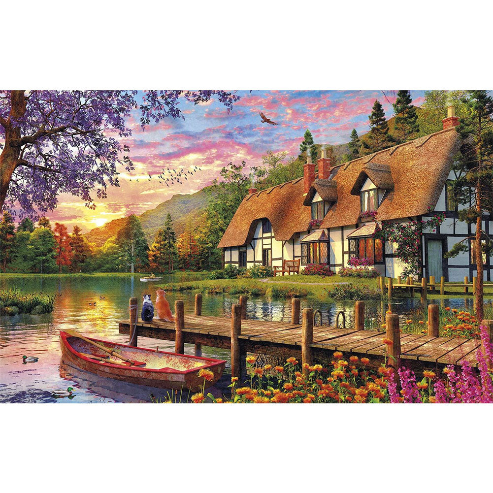 Lake House Sunset - 11CT Stamped Cross Stitch 60*45CM