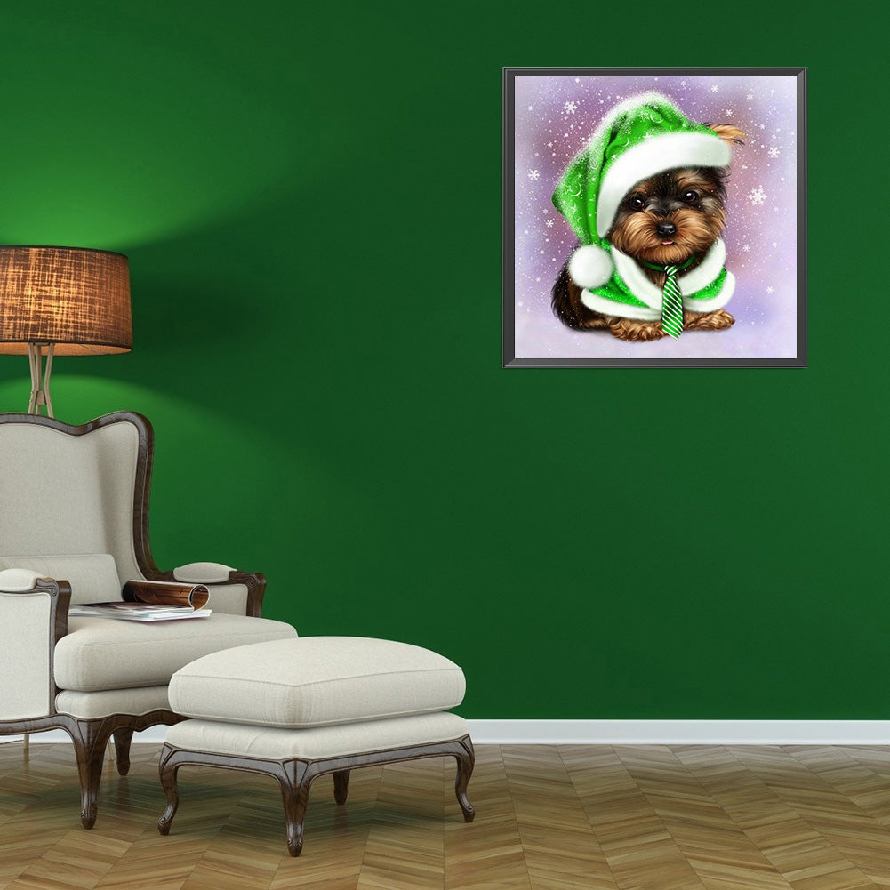 Green Hat Puppy 30*30CM(Canvas) Full Round Drill Diamond Painting