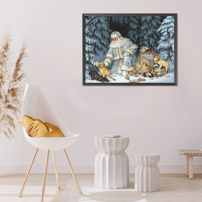 Old Man And Small Animals In Snow 50*40CM(Canvas) Full Round Drill Diamond Painting