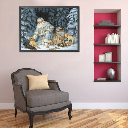 Old Man And Small Animals In Snow 50*40CM(Canvas) Full Round Drill Diamond Painting