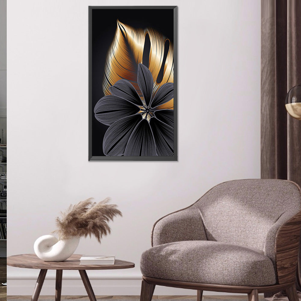 Black Gold Flowers Leaves - Full Round Drill Diamond Painting 40*60CM