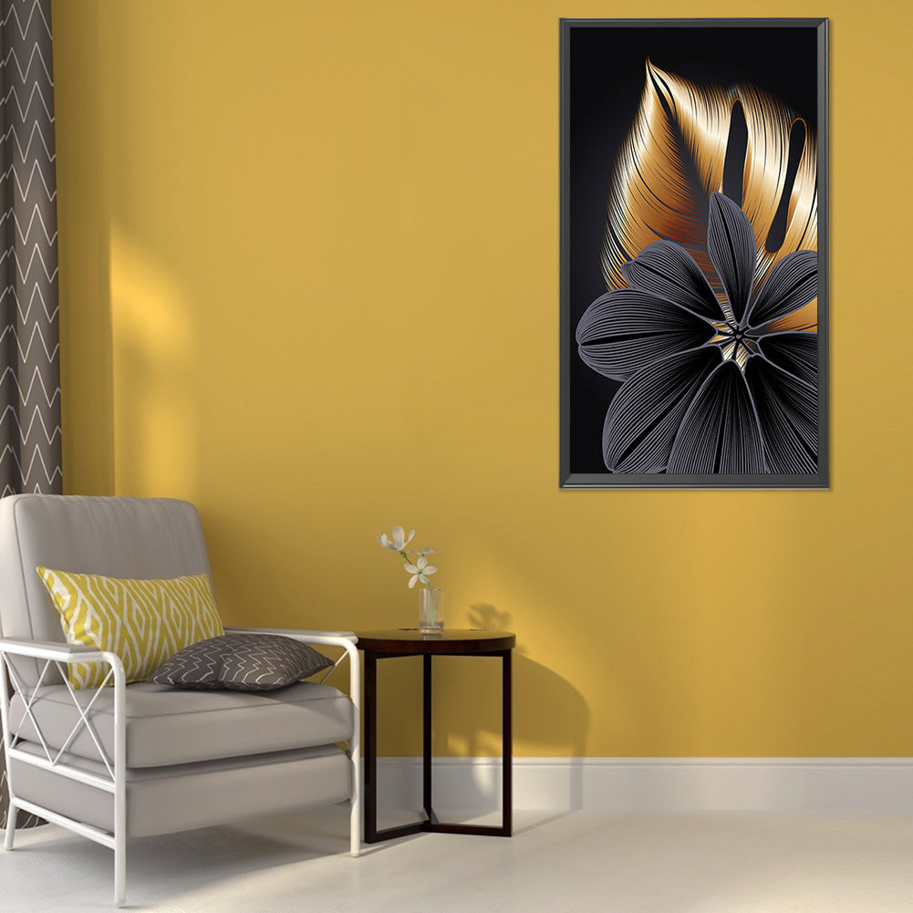 Black Gold Flowers Leaves - Full Round Drill Diamond Painting 40*60CM