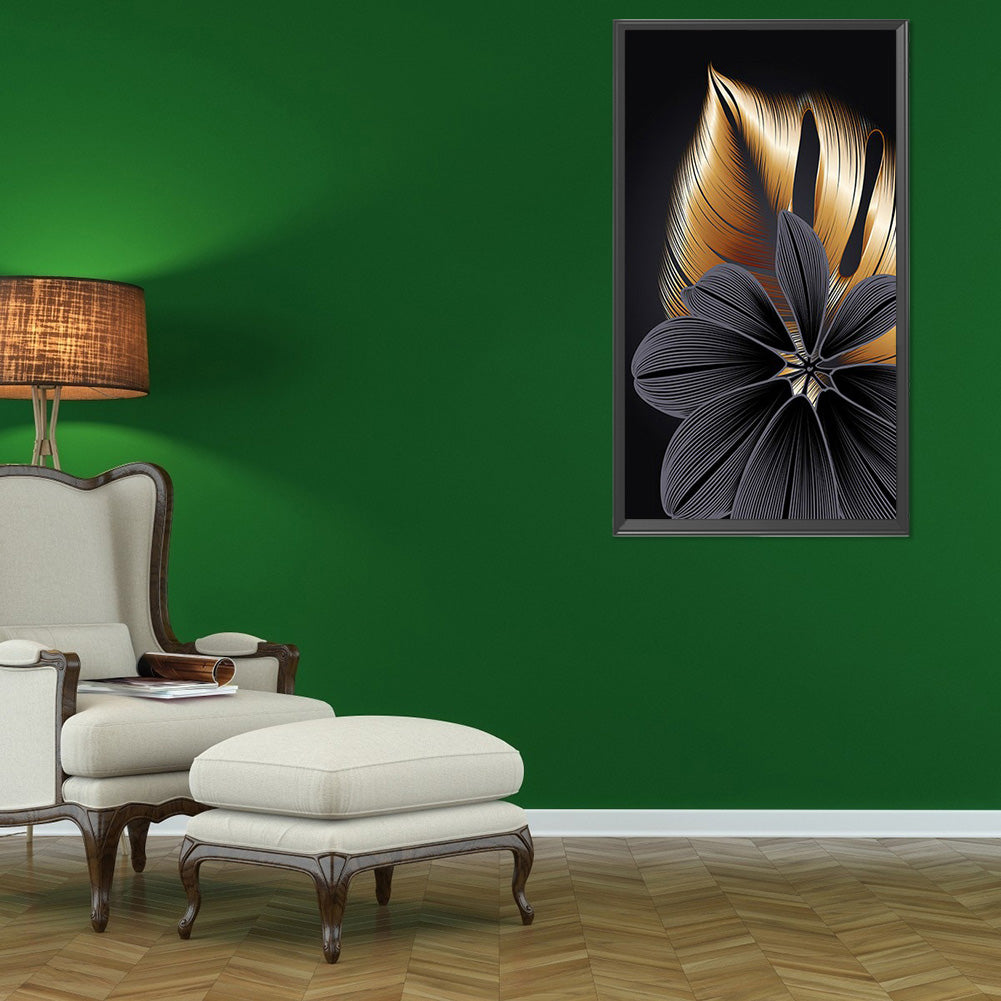 Black Gold Flowers Leaves - Full Round Drill Diamond Painting 40*60CM