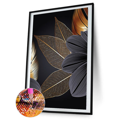 Black Gold Flowers Leaves - Full Round Drill Diamond Painting 40*60CM