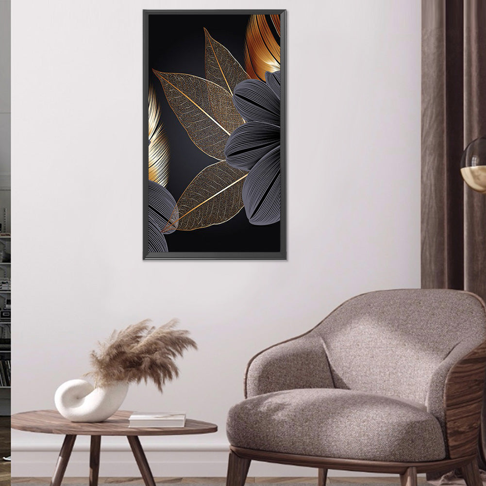 Black Gold Flowers Leaves - Full Round Drill Diamond Painting 40*60CM