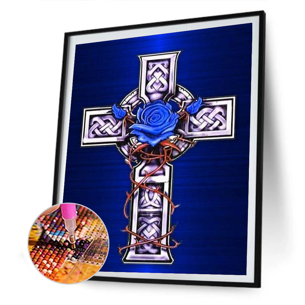 Cross Blue Flowers - Full Round Drill Diamond Painting 30*40CM