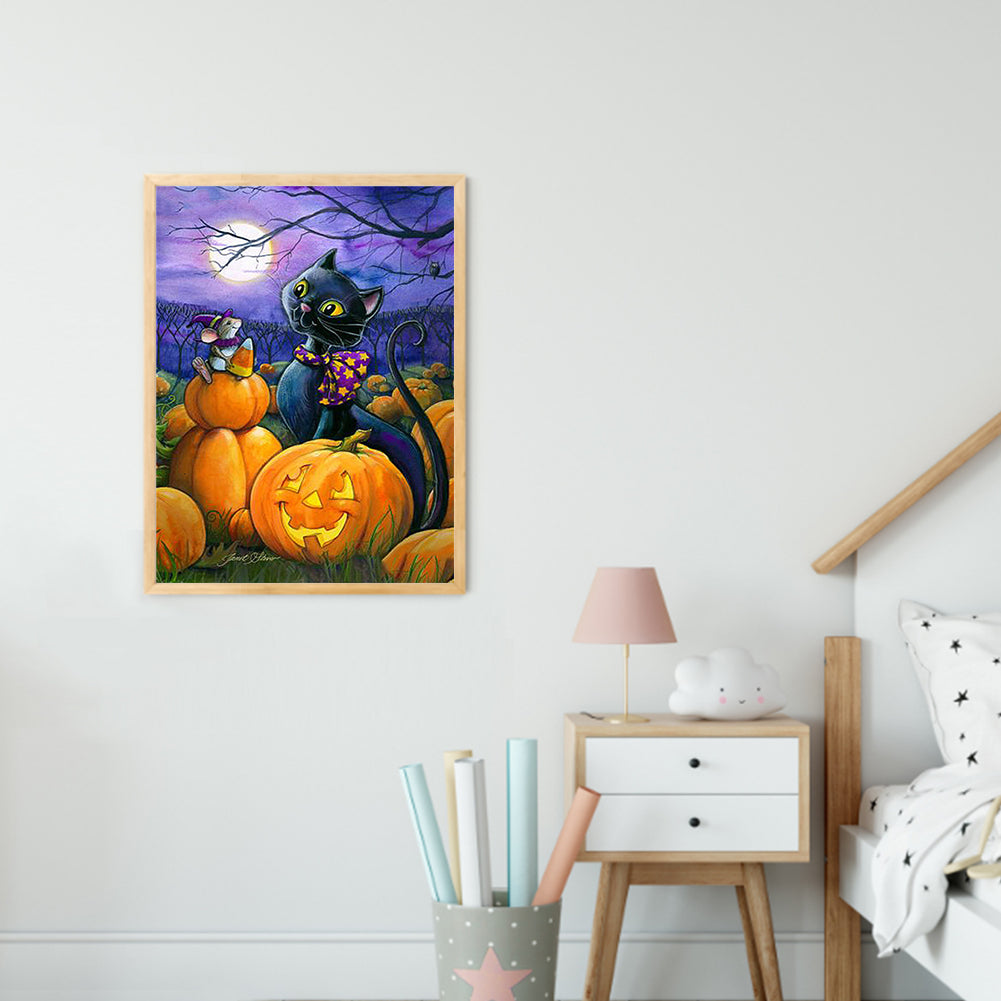 Halloween Pumpkin Cat - Full Round Drill Diamond Painting 30*40CM