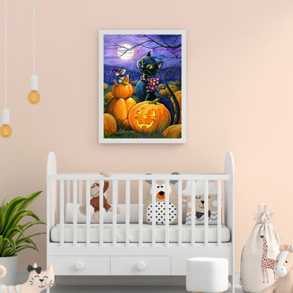 Halloween Pumpkin Cat - Full Round Drill Diamond Painting 30*40CM