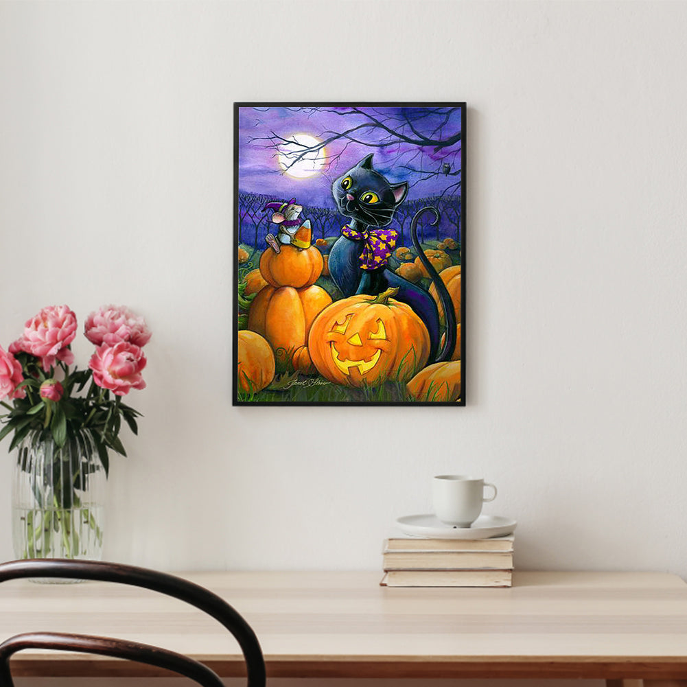 Halloween Pumpkin Cat - Full Round Drill Diamond Painting 30*40CM