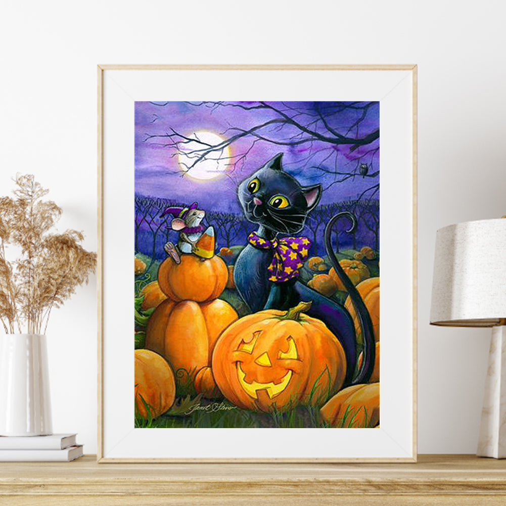 Halloween Pumpkin Cat - Full Round Drill Diamond Painting 30*40CM