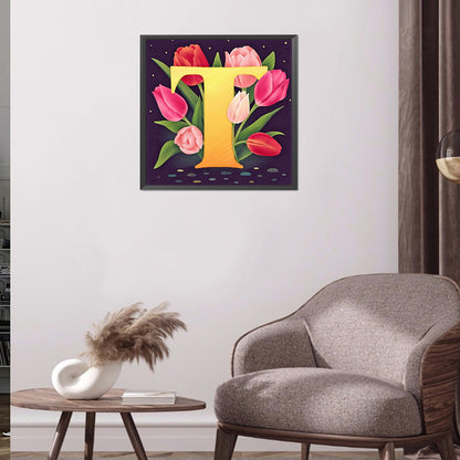 Flower Letter T - Full Round Drill Diamond Painting 30*30CM