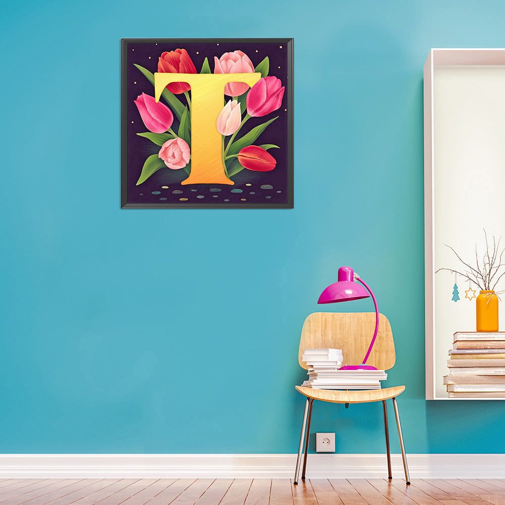 Flower Letter T - Full Round Drill Diamond Painting 30*30CM