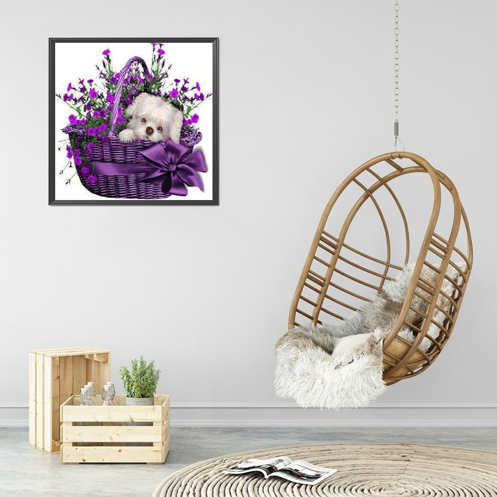 Flower Basket Puppy - Full Round Drill Diamond Painting 30*30CM