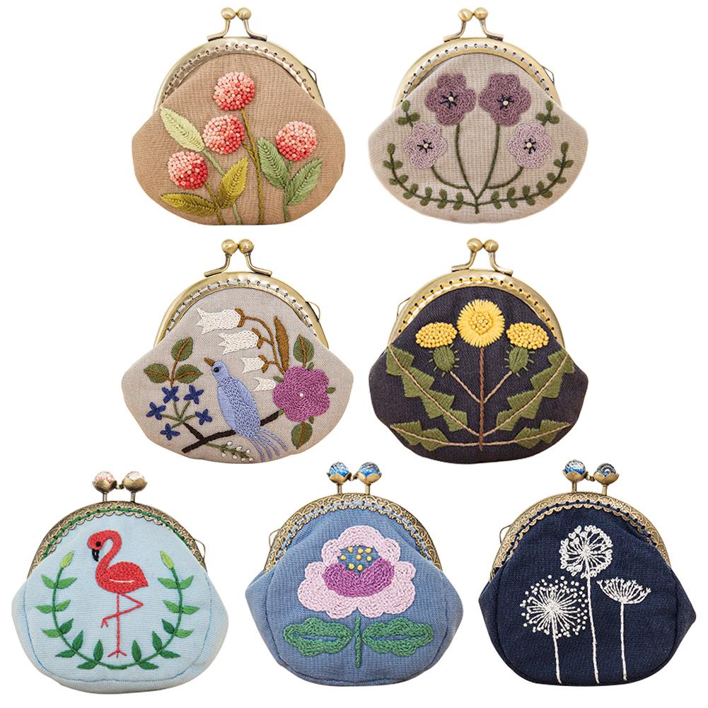 3pcs DIY Flowers Embroidered Clutch Women Snap Coin Purse Bags Kits