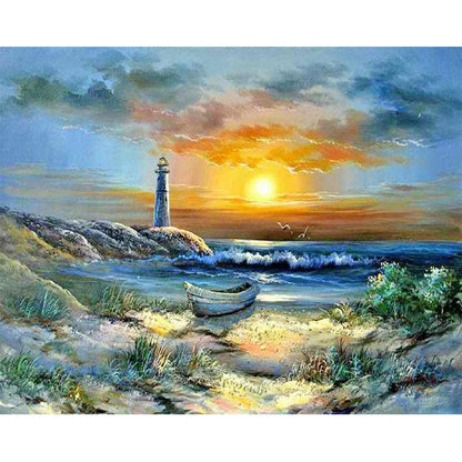 Seaside Lighthouse Sunset - Full Round Drill Diamond Painting 40*30CM