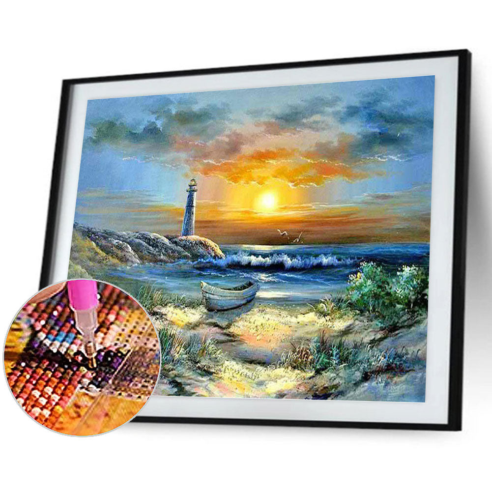 Seaside Lighthouse Sunset - Full Round Drill Diamond Painting 40*30CM