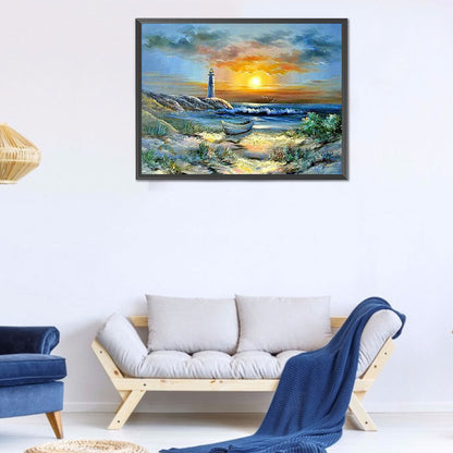 Seaside Lighthouse Sunset - Full Round Drill Diamond Painting 40*30CM