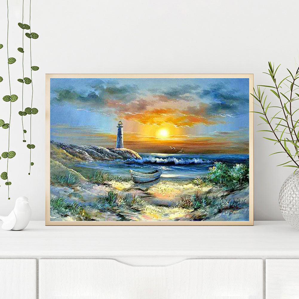 Seaside Lighthouse Sunset - Full Round Drill Diamond Painting 40*30CM