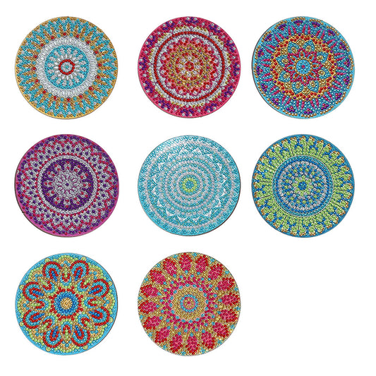 8pcs 5D DIY Diamond Painting Wooden Mandala Round Coaster Table Placemat