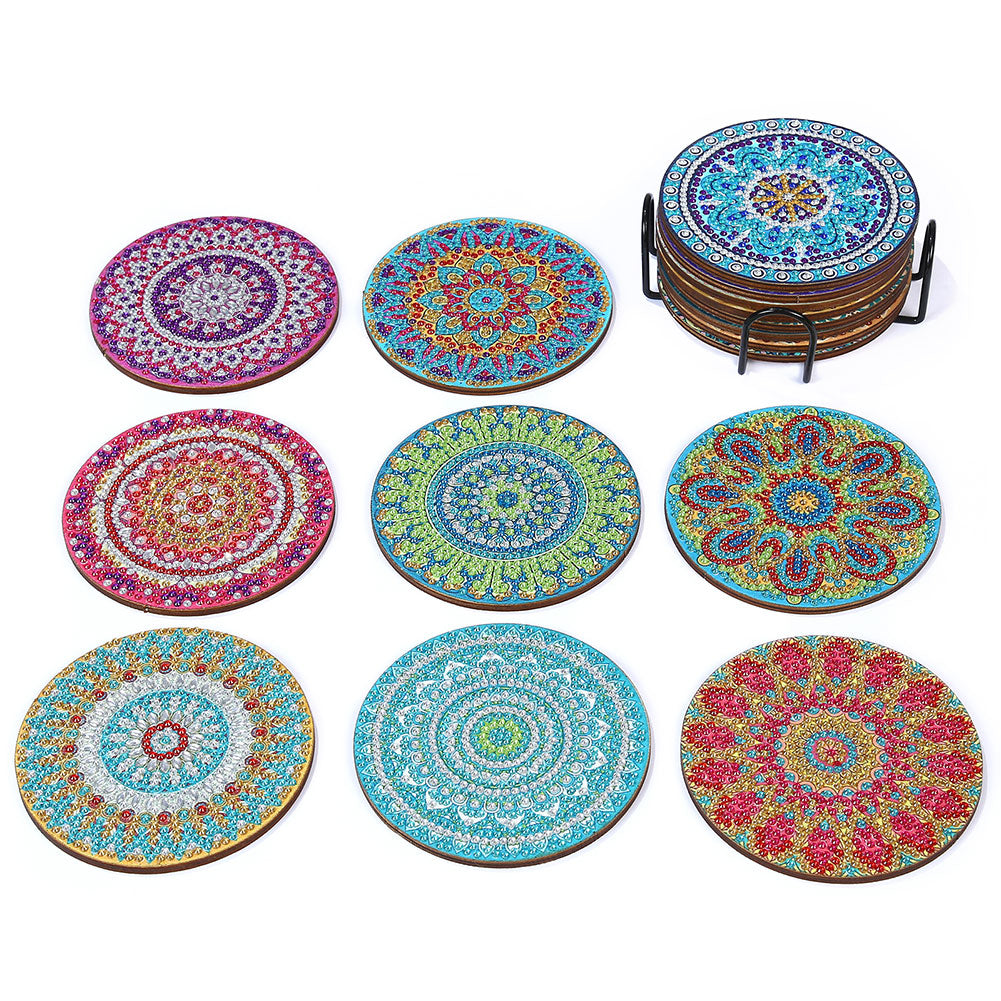 8pcs 5D DIY Diamond Painting Wooden Mandala Round Coaster Table Placemat