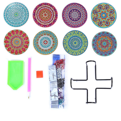 8pcs 5D DIY Diamond Painting Wooden Mandala Round Coaster Table Placemat