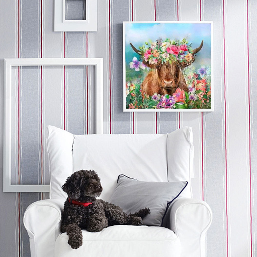 Cow Among Flowers - Full Round Drill Diamond Painting 30*30CM