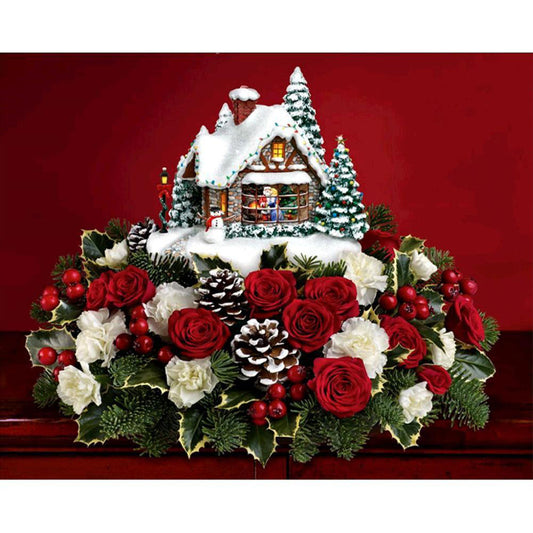 Christmas House On Roses - Full Square Drill Diamond Painting 50*40CM