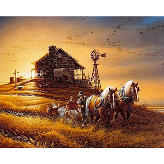 Couple And Horse Farming In Sunset Field - Full Round Drill Diamond Painting 50*40CM