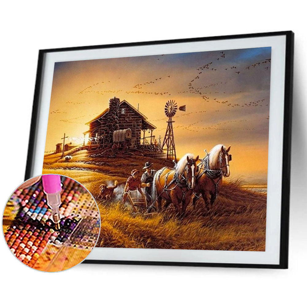 Couple And Horse Farming In Sunset Field - Full Round Drill Diamond Painting 50*40CM