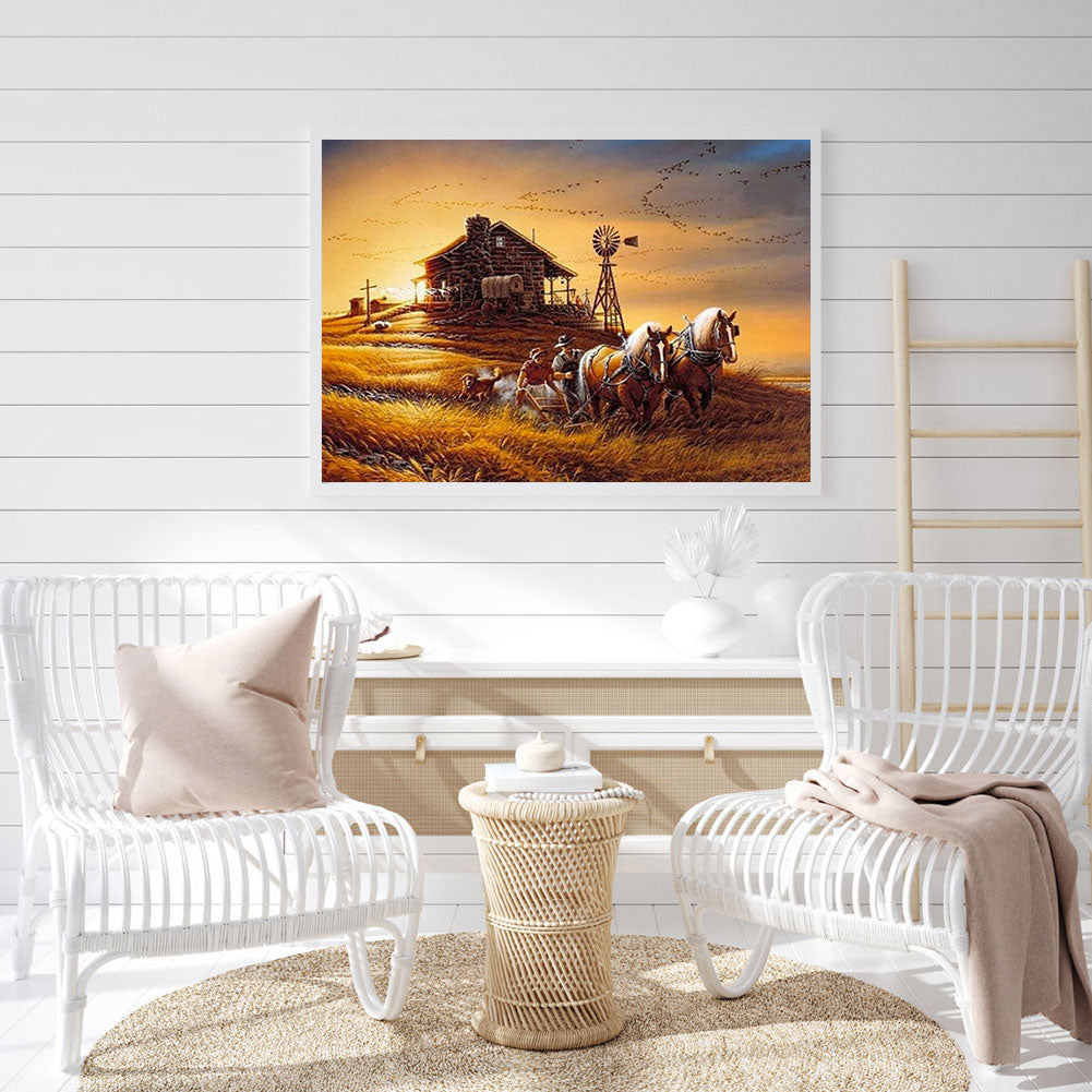 Couple And Horse Farming In Sunset Field - Full Round Drill Diamond Painting 50*40CM