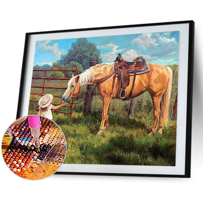 Little Girl Feeding Horse Apples - Full Round Drill Diamond Painting 50*40CM