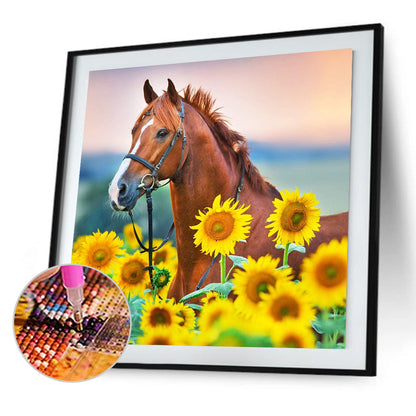 Red Horse In Sunflower Field - Full Square Drill Diamond Painting 30*30CM