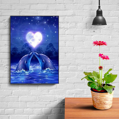 Dolphin Kiss Under The Moonlight Of Love - Full Round Drill Diamond Painting 40*50CM