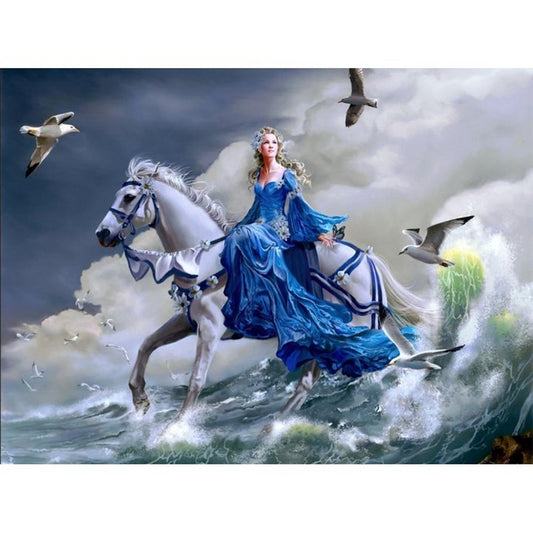 Woman In Blue Dress Riding A Horse - Full Round Drill Diamond Painting 40*30CM