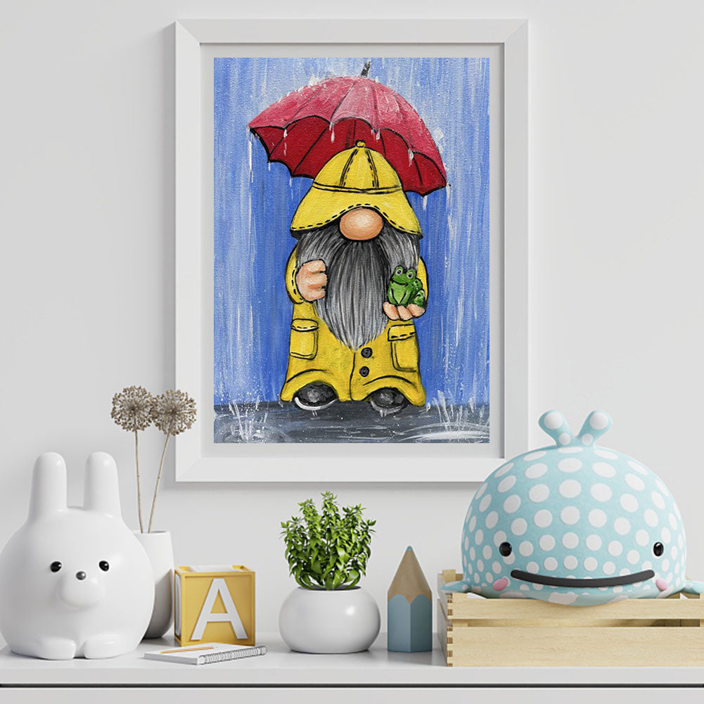 Goblin In Yellow Raincoat With Red Umbrella - Full Round Drill Diamond Painting 30*40CM