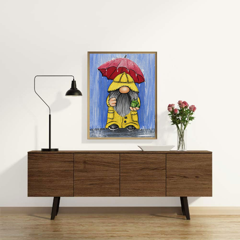 Goblin In Yellow Raincoat With Red Umbrella - Full Round Drill Diamond Painting 30*40CM