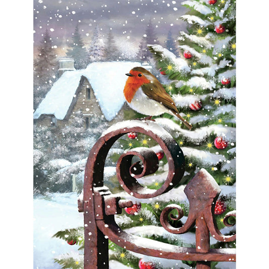 Robin On Christmas Fence - Full Round Drill Diamond Painting 30*40CM