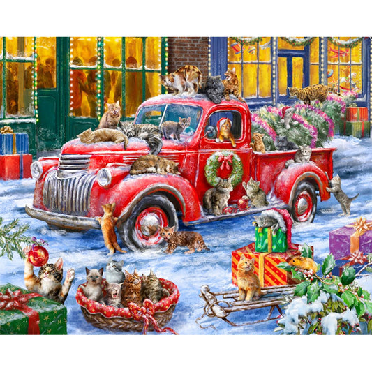 Christmas Red Car And Cats - Full Round Drill Diamond Painting 50*40CM