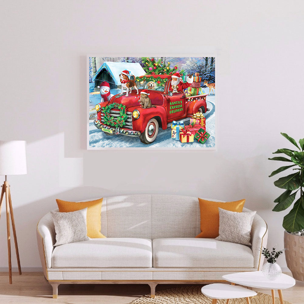 Santa Red Car Cats And Dogs - Full Round Drill Diamond Painting 50*40CM