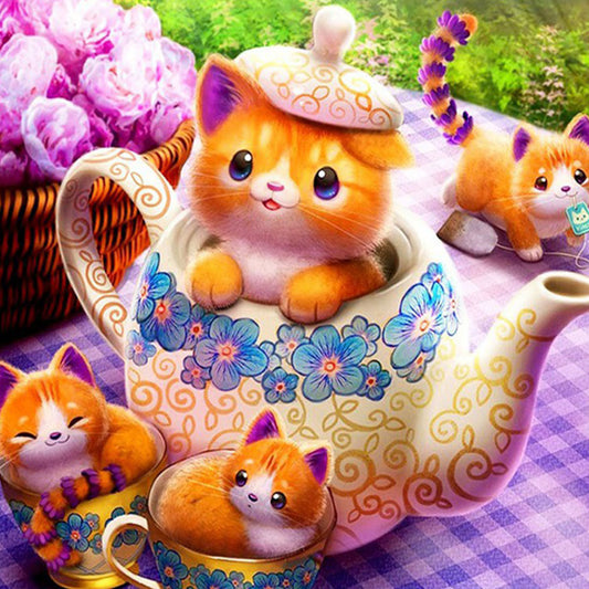 Cartoon Teacup Cat 40*40CM(Canvas) Full Square Drill Diamond Painting