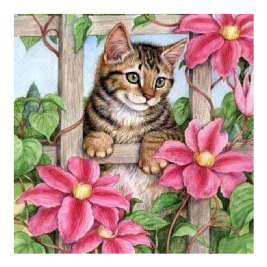 Tabby Cat On Flower Stand - Full Square Drill Diamond Painting 50*50CM