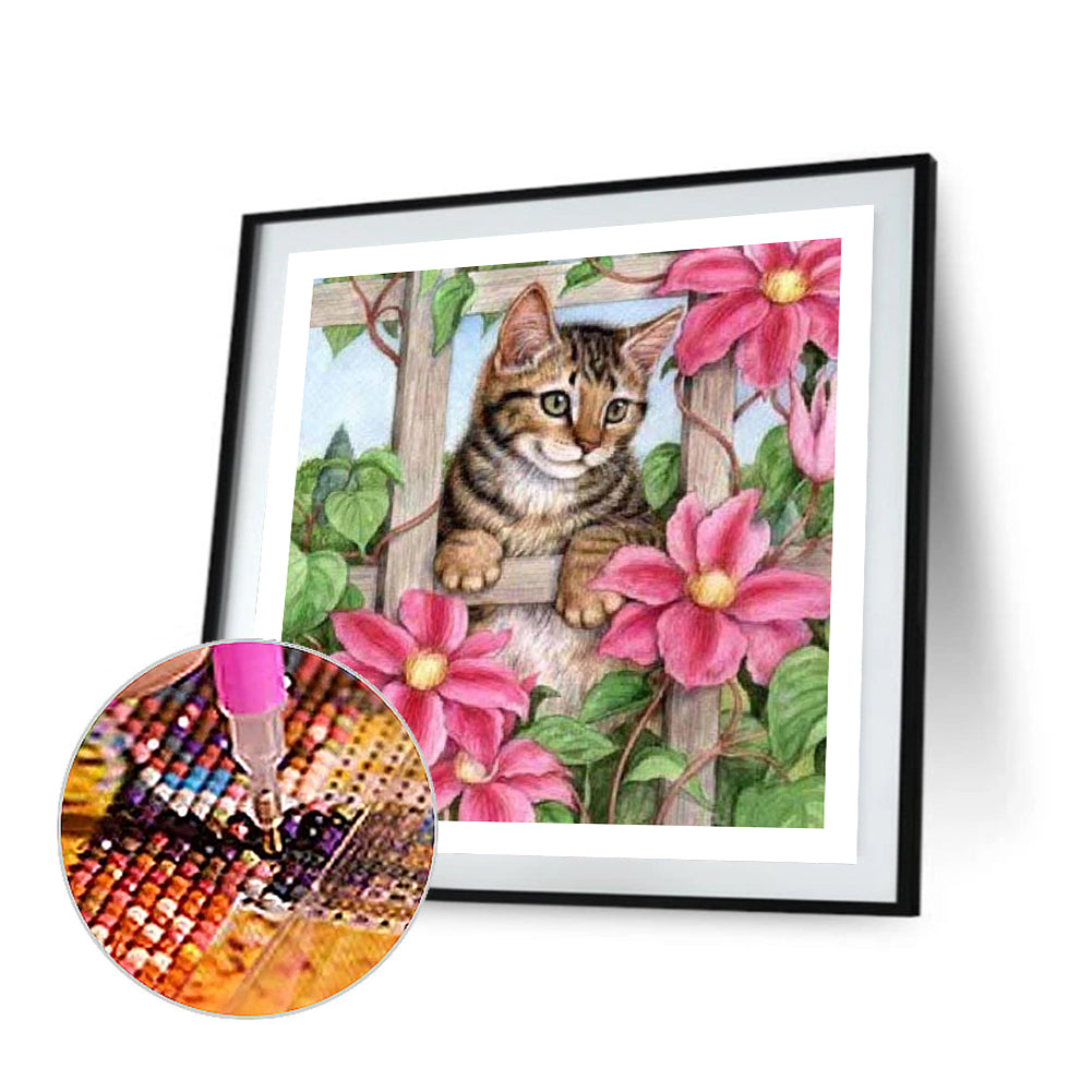 Tabby Cat On Flower Stand - Full Square Drill Diamond Painting 50*50CM