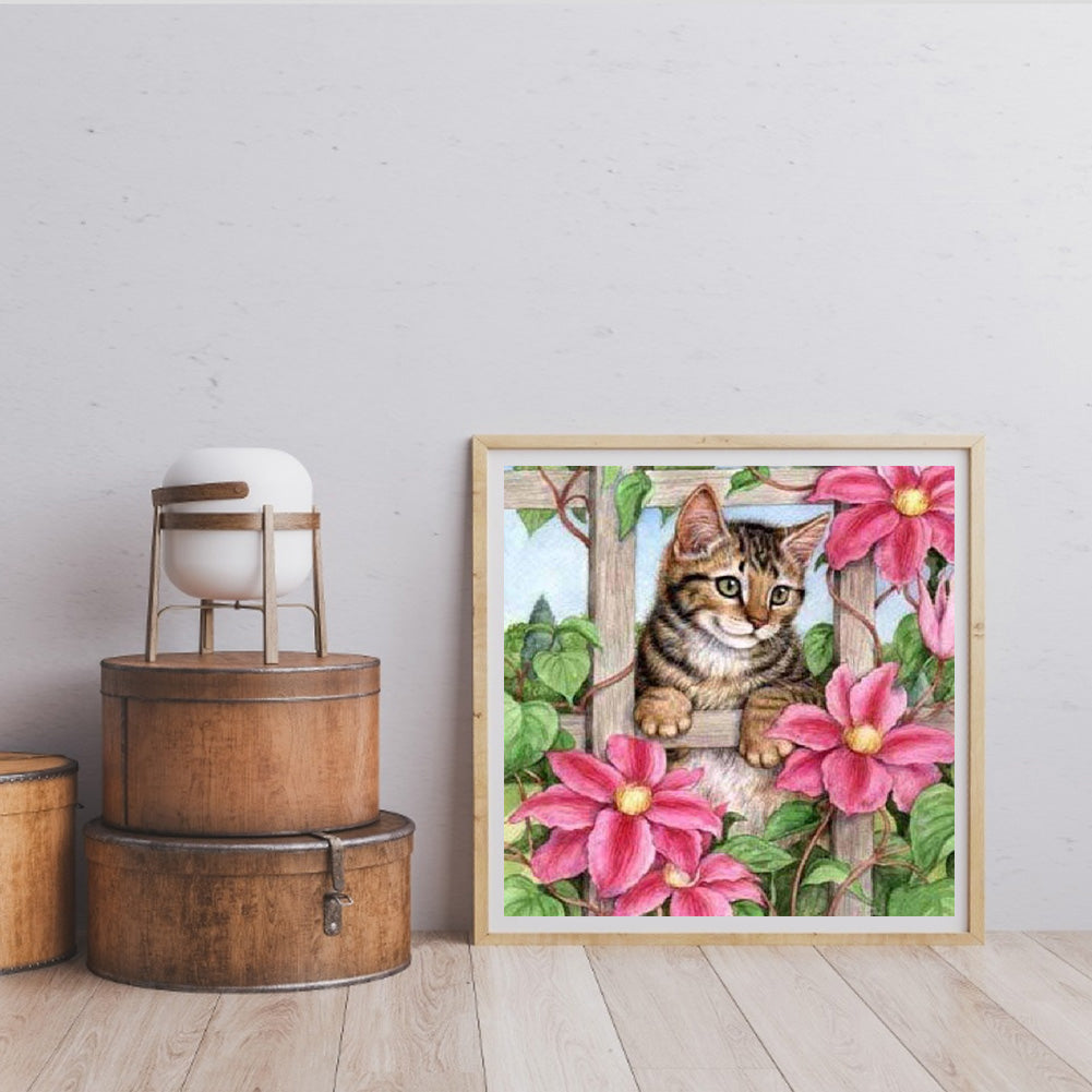 Tabby Cat On Flower Stand - Full Square Drill Diamond Painting 50*50CM