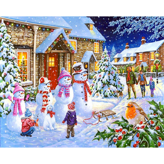 Snowman On Christmas Street - Full Round Drill Diamond Painting 55*40CM